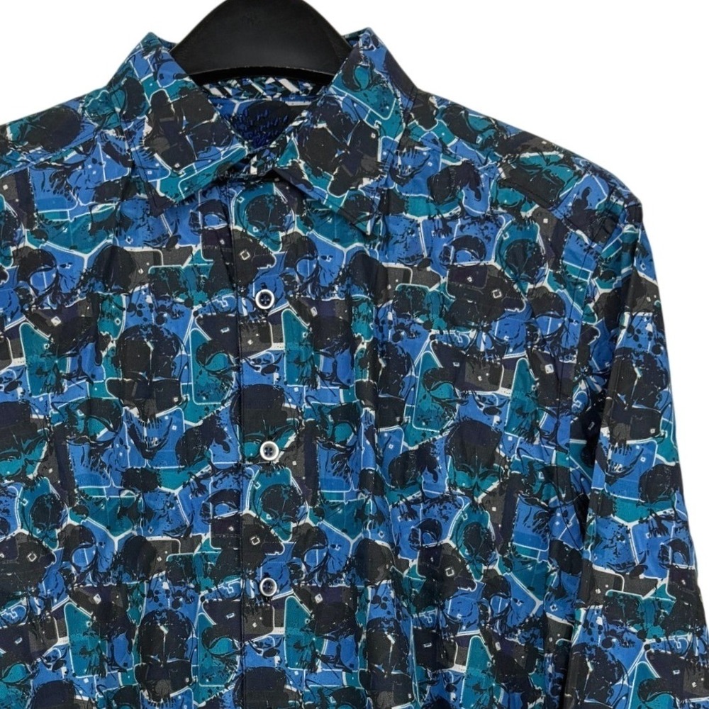 Robert Graham AOP Skulls Mosaic Mens M 100% Cotton Button Up Blue Abstract